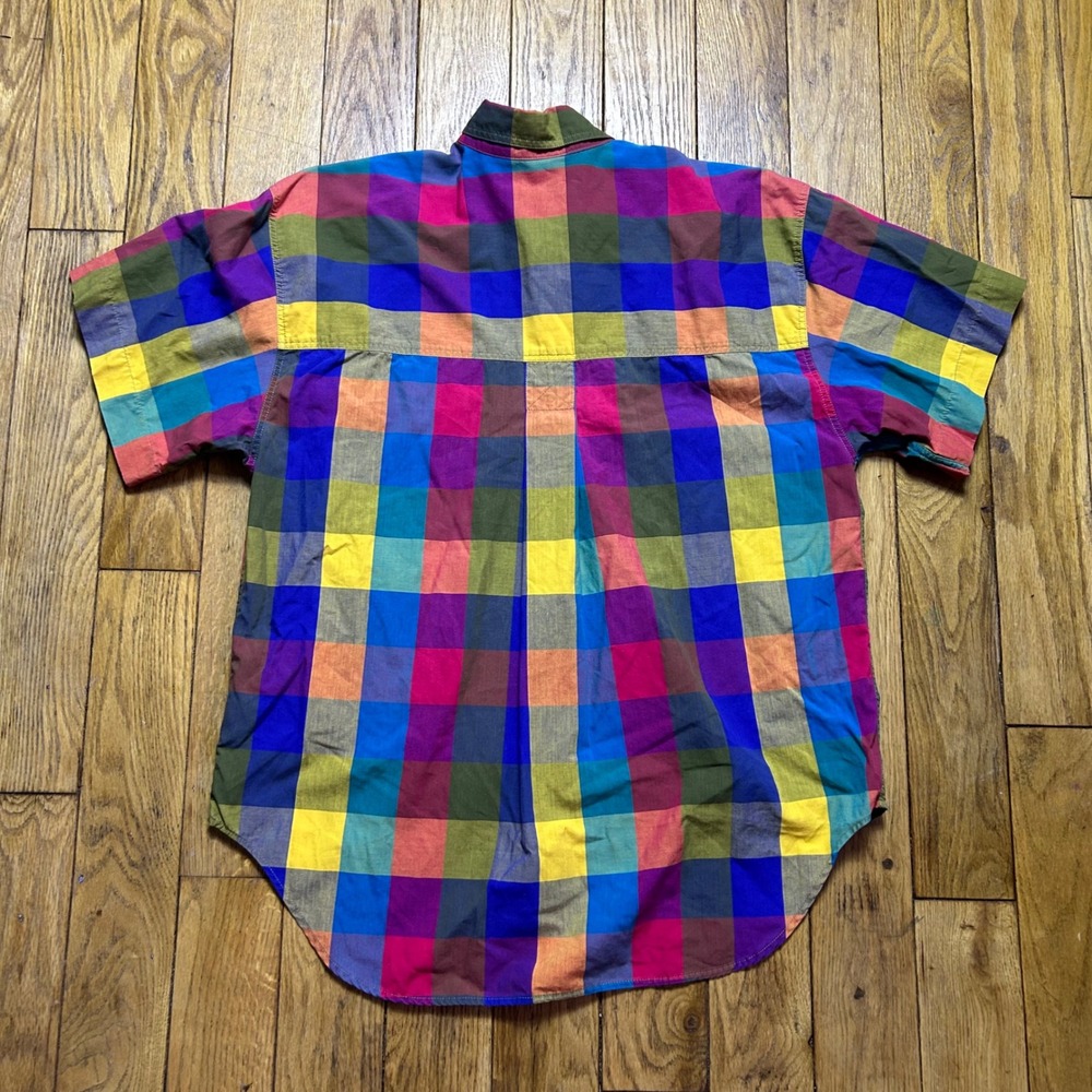 Vintage Lizsport Rainbow Check Plaid Button‎ Down Shirt Short Sleeve Cotton M - Picture 2 of 3